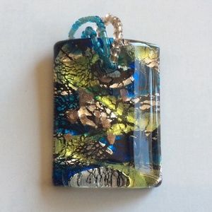 Blown Art Glass Blue Green Silver Swirl Sea Beads Bail Pendant